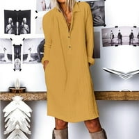 ženska casual Moda labava jednobojna pamučna platnena košulja s reverom tunika dugi rukav žuta xxl