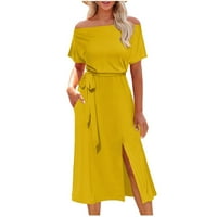 Gotyou haljine letnja haljina bez naramenica sa kratkim rukavima sa čipkom sa prorezom srednje dužine modna haljina za žene žuta L
