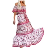 Ženski ljetni Boho cvjetni Print s ramena rastezljivi Ruffle slojeviti porub linija plaža za odmor duga Maxi haljina na klirensu