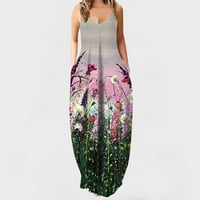 Odeerbi Slip Midi haljine za žene V-izrez Sling Sling džepni Print haljina ljubičasta