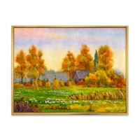 PROIZVODART 'Narančasta polja sa sijenom I' Jezero Kuća uokvirena platna Zidna umjetnost Ispis