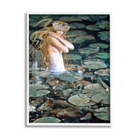 Stupell Industries Mermaid plivanje među vodenim ljiljanima Koi ribnjak slika bijeli uokvireni umjetnički