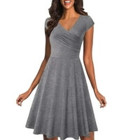 Ženske haljine rukave A-line midi haljina, ležerna puna letnja voznog V-izrez siva 2xl