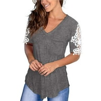 Ženski vrhovi ženska čipkasta kratka rukava V-izrez džepna majica labava Ležerna ljetna majica s