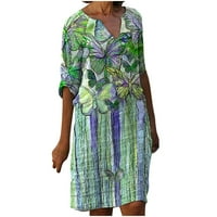 Safuny Ženska dužina koljena pamučna posteljina haljina za klirens maslačka cvjetni rukavi V izrez Elegantni