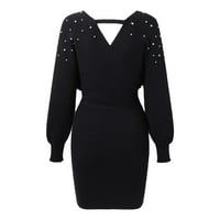 Fvwitlyh Crna džemper haljina za žene od ramena V vrata visoko Split Maxi elegantna večernja haljina za