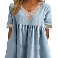 Ženska pamučna posteljina labava haljina čipka V izrez s kratkim rukavima midi haljina