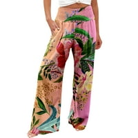 Žene Casual Moda plaža elastični struk široke noge pantalone šareno cvijeće i zeleni list Print džepne