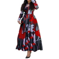 Yuwull haljine za žene, ženske duge rukave okruglog vrata Print dugme Flowy a-Line Midi haljine visokog