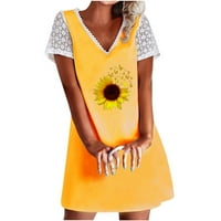 Ženski suncokret print V-izrez čipkaste haljine kratkih rukava