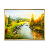 PROIZVODNJAK Jesenji pejzaž sa šumskim rijekom i planinama jezero Kuća uokvirena platna zidna umjetnost