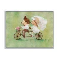 Designart' vjenčani par ježeva koji voze bicikl ' tradicionalni uramljeni platneni zidni Print