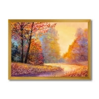 PROIZVODNJA Jesenja šumska narančasto lišće pejzaž sa stazom jezero kuća uramljena umjetnička štampa