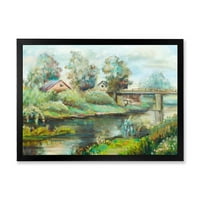 PROIZVODNJA Rustikalni krajolik sa mostom na rijeci jezero Kuća uramljena umjetnička štampa