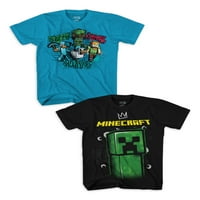 Minecraft Boys Creeper Face Grafička Majica 2 Pakovanja, Veličine 4-18